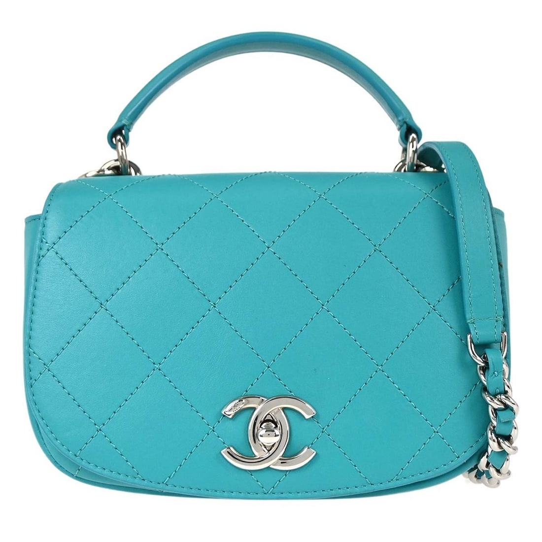 CHANEL 2way Top Handle Bag Turquoise Blue Calfskin Leather: CHANEL 2way Top Handle Bag Turquoise Blue Calfskin Leather Chanel top handle 2way handbag in turquoise blue calfskin with a turn-lock closure, leather lining, and inner and outer zip pockets. Made in 