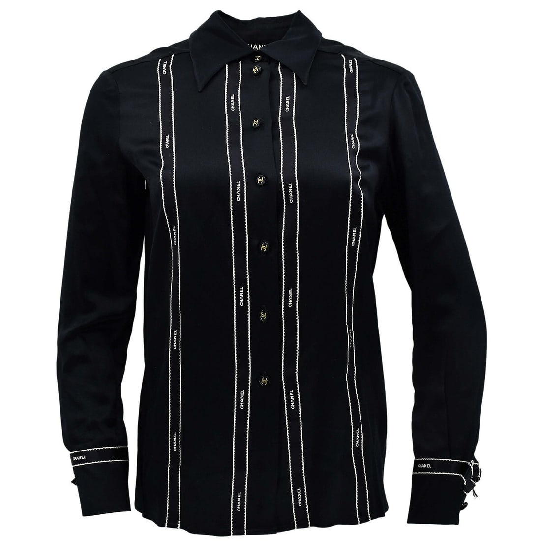 CHANEL 94A black silk long sleeve blouse size 36: CHANEL 94A black silk long sleeve blouse size 36 Vintage women's black Chanel blouse in 100% silk with a collared neckline, long sleeves, and front button closure. This regular-fit style is marked siz