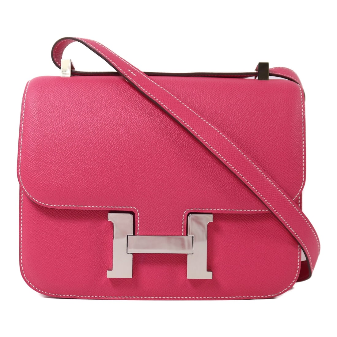 Hermes Constance 24 Pink Epsom Leather Shoulder Bag with Palladium Hardware: Hermes Constance 24 Pink Epsom Leather Shoulder Bag with Palladium Hardware This Hermes Constance 24 shoulder bag is crafted from Veau Epsom calfskin leather in a striking Rose Tyrien pink color. Feat