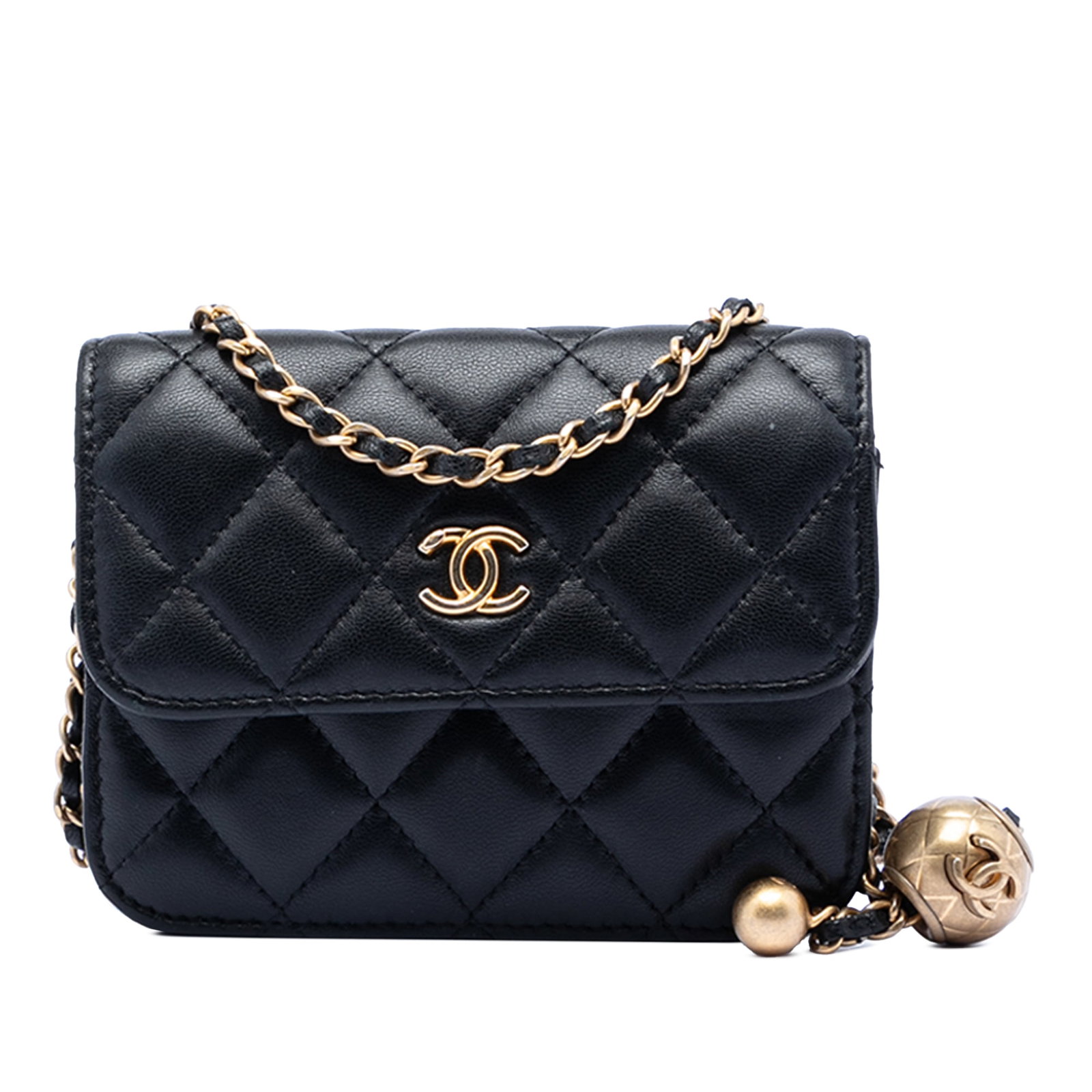 Chanel Pearl Crush Mini Black Lambskin Quilted Crossbody Clutch Bag: Chanel Pearl Crush Mini Black Lambskin Quilted Crossbody Clutch Bag This Chanel Mini Lambskin Pearl Crush Clutch with Chain is crafted from quilted lambskin leather in black. The crossbody bag feature
