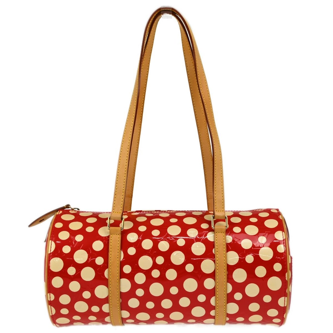 Louis Vuitton Papillon Vernis Dot Infinity Red Patent Leather Handbag M91425: Louis Vuitton Papillon Vernis Dot Infinity Red Patent Leather Handbag M91425 Louis Vuitton Papillon handbag in red Monogram Vernis patent leather with white dot detailing. This women's top handle bag 