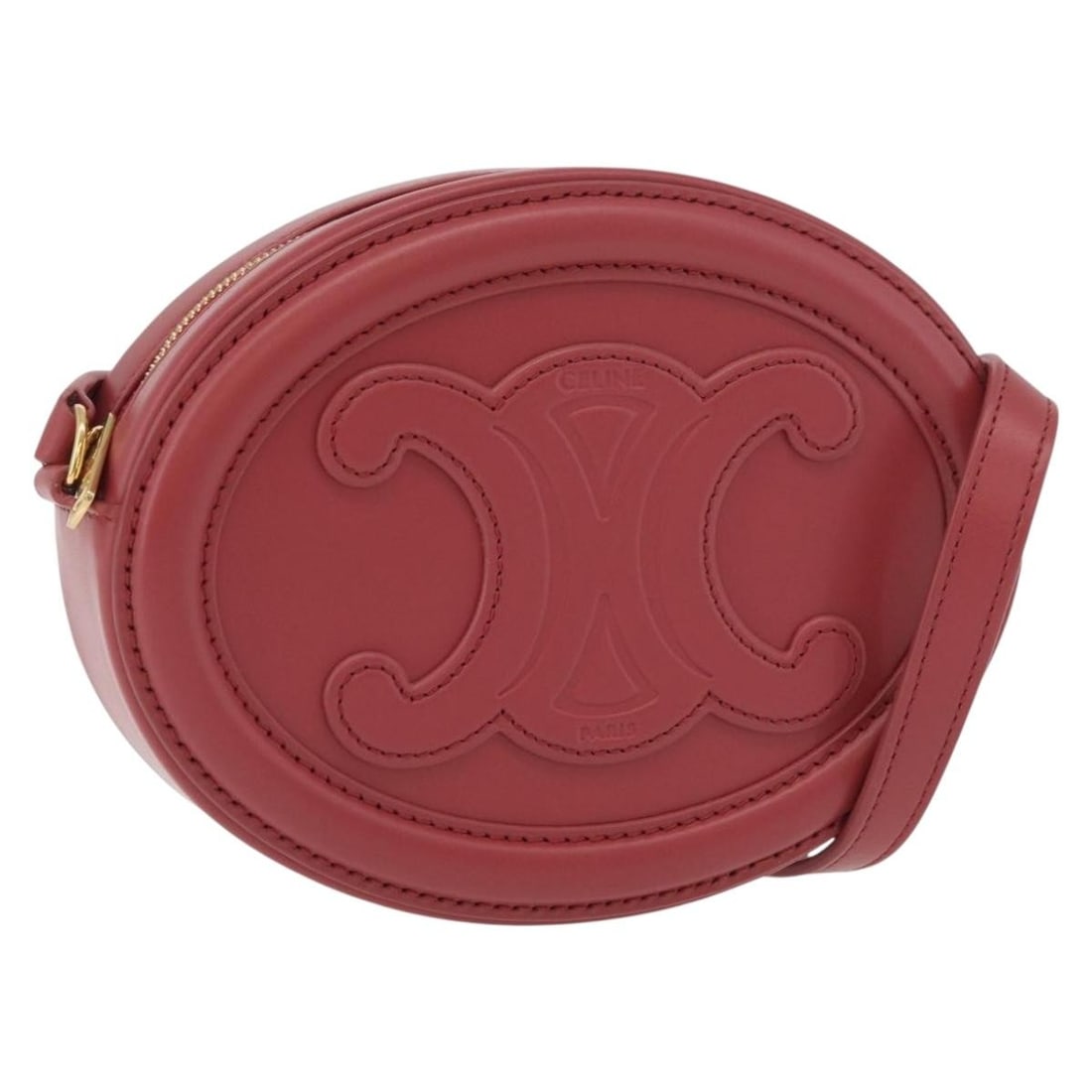Celine Pink Leather Macadam Oval Shoulder Purse with Cuir Triomphe Accent: Celine Pink Leather Macadam Oval Shoulder Purse with Cuir Triomphe Accent This CELINE Macadam Canvas Oval Purse combines refined style with functionality. Crafted in Italy, the shoulder bag features a