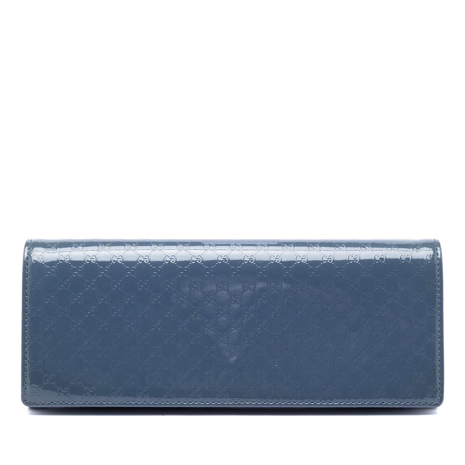 Gucci Broadway Clutch in Blue Patent Leather Microguccissima: Gucci Broadway Clutch in Blue Patent Leather Microguccissima This Gucci Broadway clutch is crafted in blue patent leather with the Microguccissima pattern and a top flap with magnetic snap closure. Co