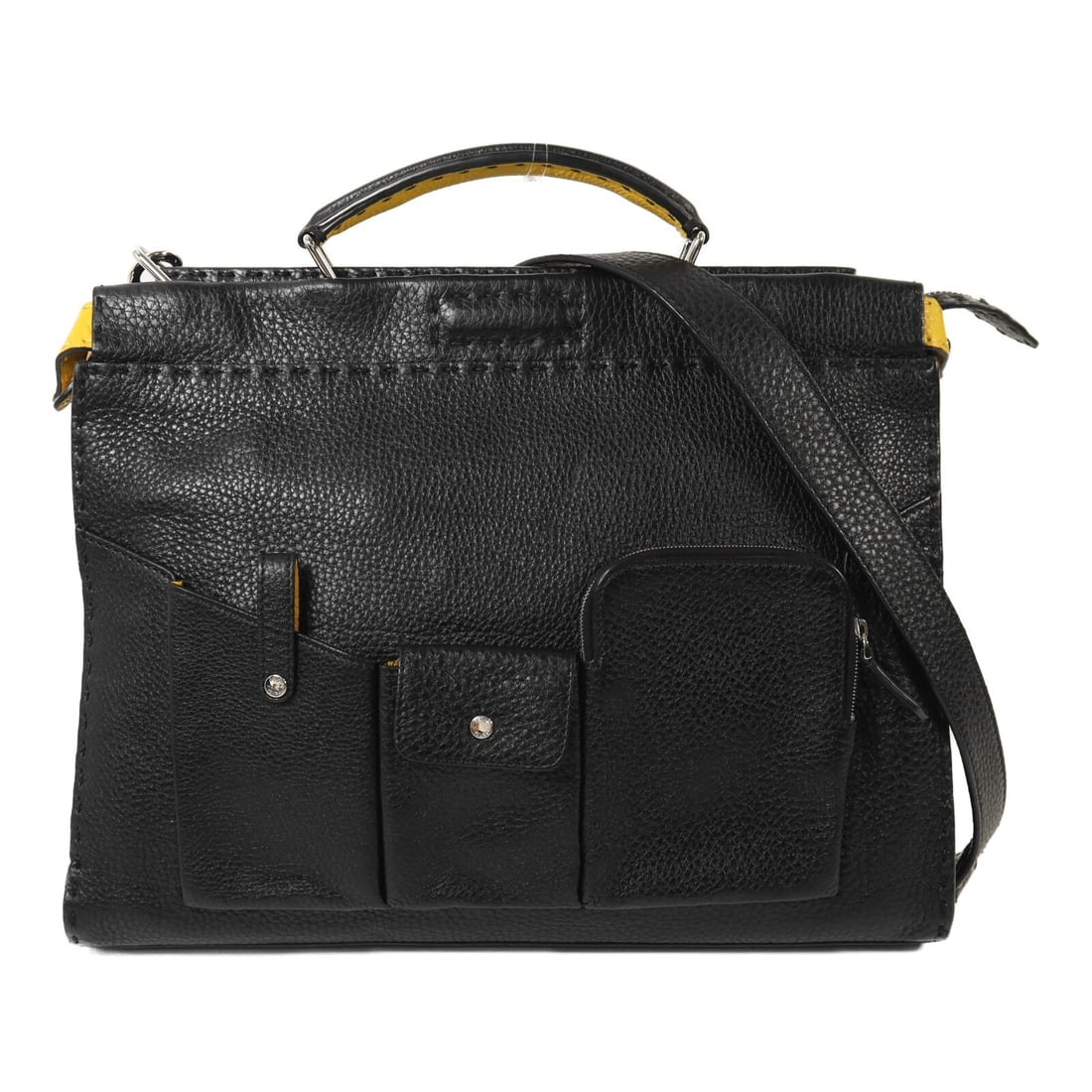 Fendi Peekaboo Utility Black Calfskin 2-Way Shoulder Bag with Silver Hardware: Fendi Peekaboo Utility Black Calfskin 2-Way Shoulder Bag with Silver Hardware This Fendi Peekaboo Utility 2-way shoulder bag is crafted from black calfskin leather with yellow accents. Designed for me
