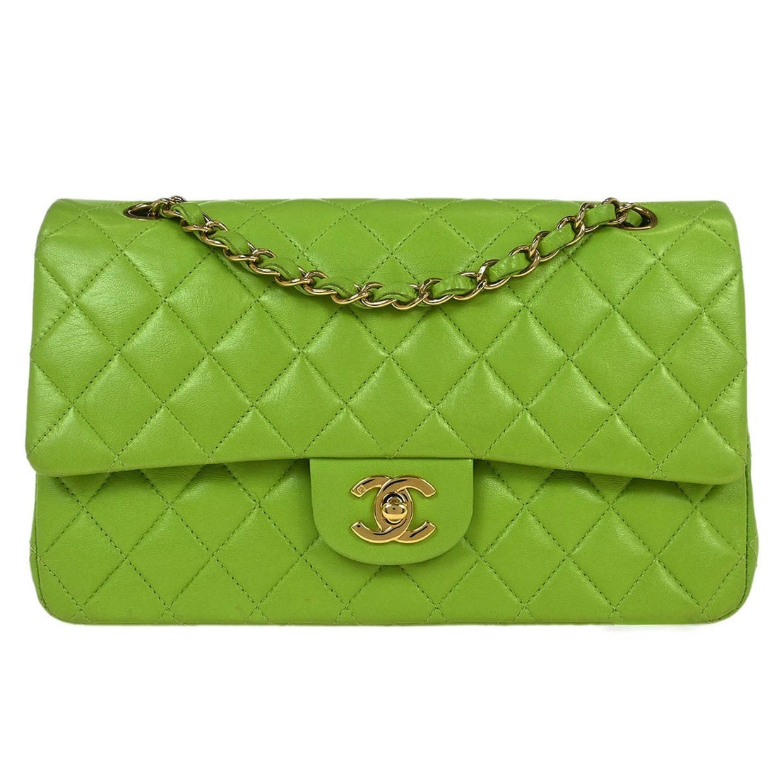 CHANEL Classic Double Flap Medium Green Lambskin Shoulder Bag: CHANEL Classic Double Flap Medium Green Lambskin Shoulder Bag Chanel Classic Double Flap medium shoulder bag in light green lambskin leather. This women's shoulder bag features the iconic turn-lock cl