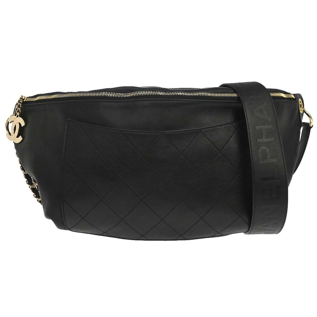 CHANEL Pharrell Williams Bum Bag Black Calfskin Quilted 2way: CHANEL Pharrell Williams Bum Bag Black Calfskin Quilted 2way Chanel x Pharrell Williams black calfskin 2-way waist bag with a matelasse quilted design, logo accents, zip closure, and an adjustable lea