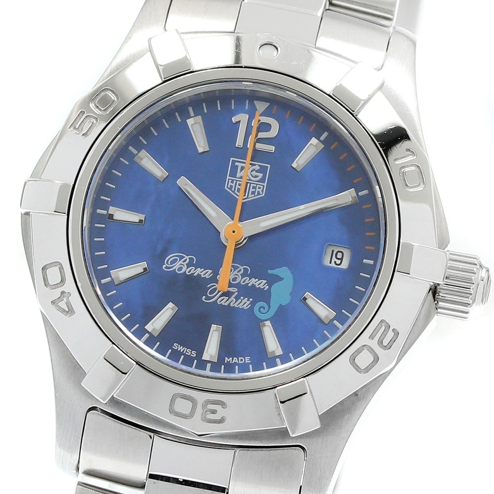 TAG Heuer Aquaracer Bora Bora women's quartz date watch: TAG Heuer Aquaracer Bora Bora women's quartz date watch This TAG Heuer Aquaracer Bora Bora Tahiti women's wristwatch features a stainless steel case and bracelet with a blue shell dial. As a limited e