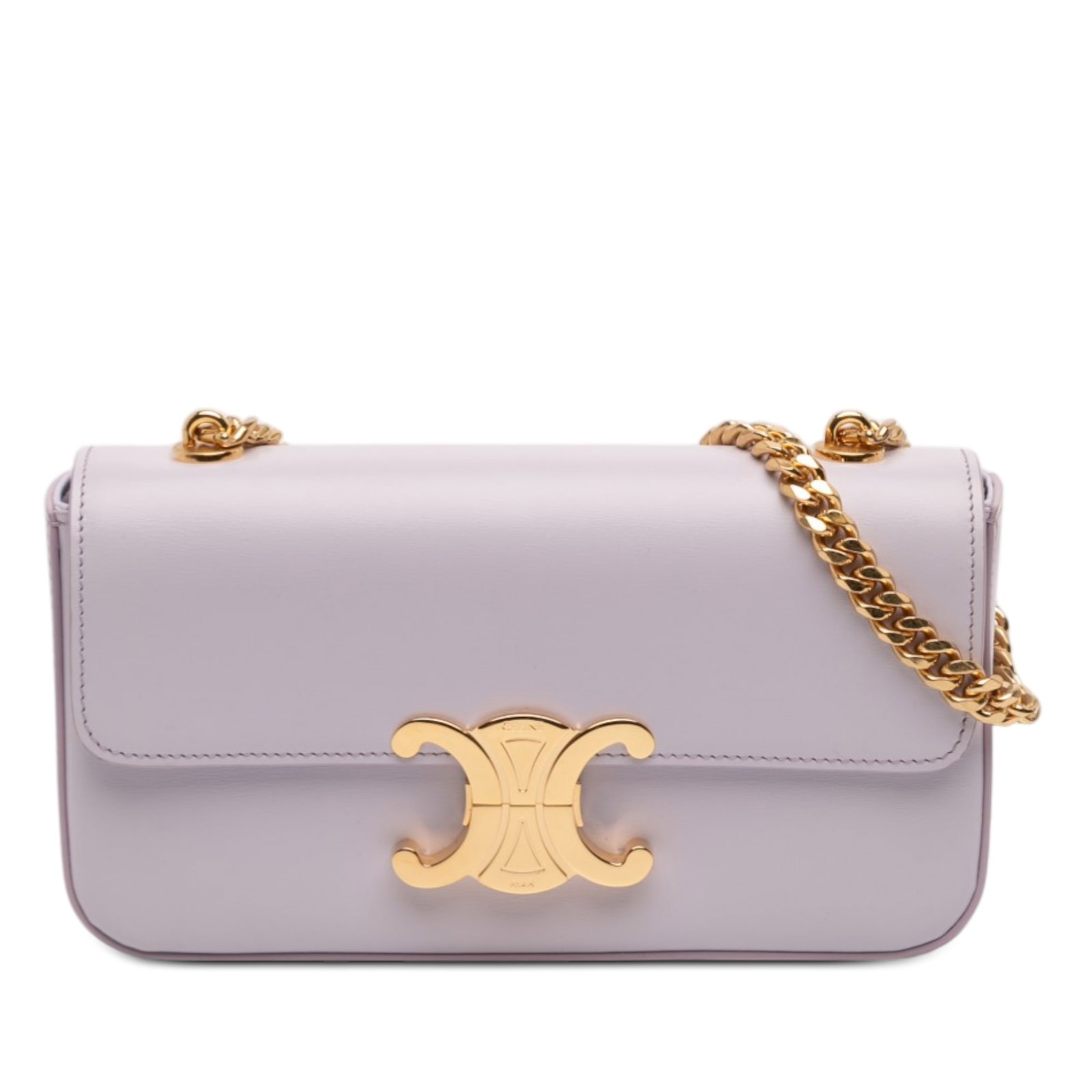 Celine Claude Purple Leather Shoulder Bag with Gold Chain Strap: Celine Claude Purple Leather Shoulder Bag with Gold Chain Strap This Celine Shiny Calfskin Claude Chain Shoulder Bag features a purple leather body with a gold-tone chain-link shoulder strap. The desi