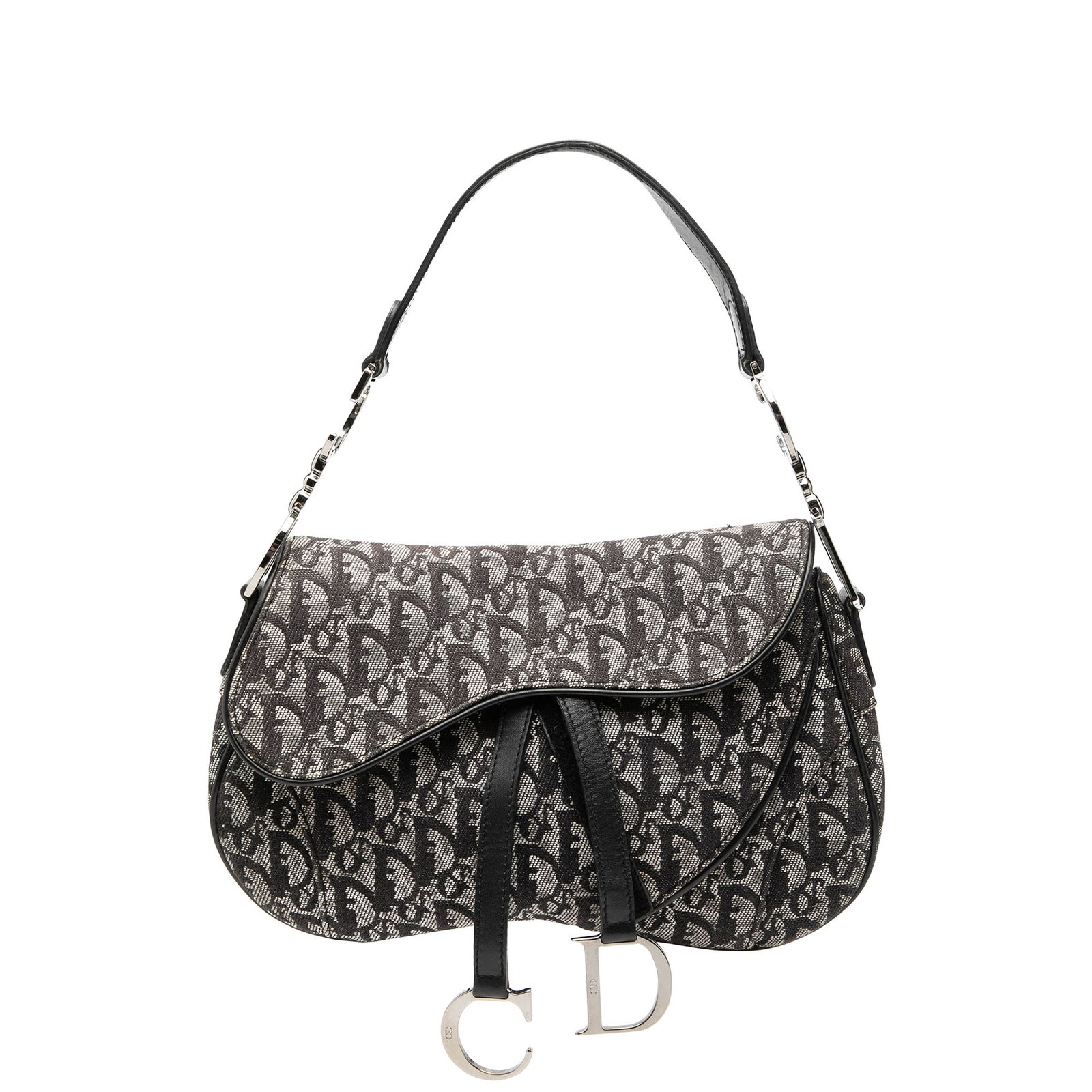 Dior Diorissimo Double Saddle Shoulder Bag in Black Canvas: Dior Diorissimo Double Saddle Shoulder Bag in Black Canvas This Diorissimo Canvas Double Saddle Bag is crafted in black fabric and features a single strap with CD hardware, a front flap with a CD char
