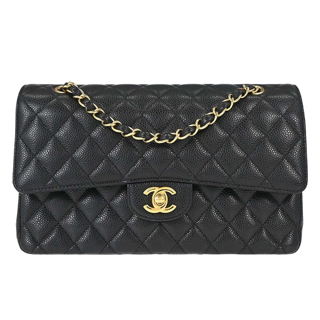 CHANEL Classic Double Flap Medium Shoulder Bag Black Caviar Leather: CHANEL Classic Double Flap Medium Shoulder Bag Black Caviar Leather Chanel Classic Double Flap medium shoulder bag in black caviar skin leather with matelasse quilting and a turnlock closure. This wom