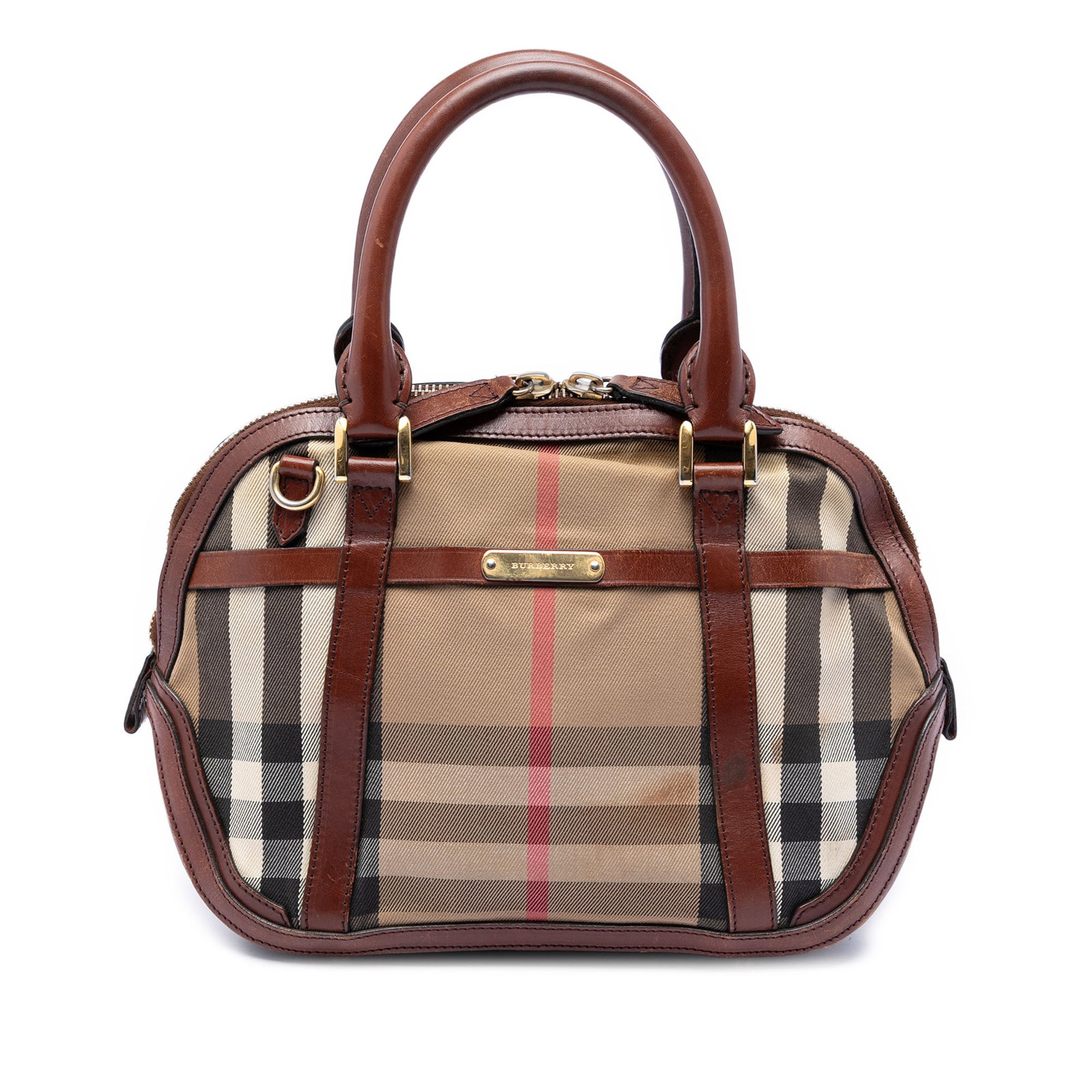 Burberry House Check Canvas Satchel with Leather Trim: Burberry House Check Canvas Satchel with Leather Trim This Burberry Small Leather Trimmed House Check Canvas Bridle Orchard Satchel features a classic canvas body with leather trim, rolled leather han