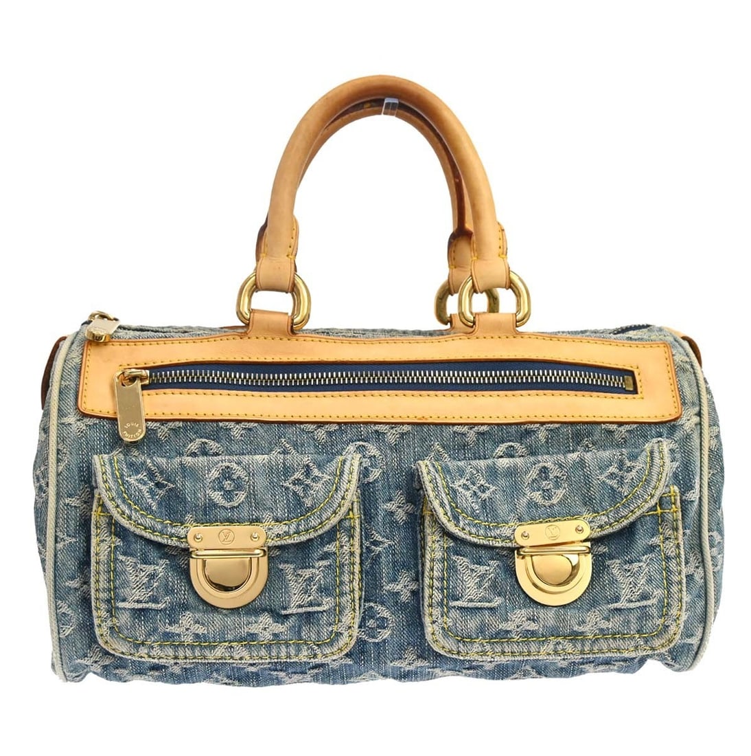 Louis Vuitton Neo Speedy Blue Monogram Denim Bag M95019: Louis Vuitton Neo Speedy Blue Monogram Denim Bag M95019 Louis Vuitton Neo Speedy handbag in blue Monogram denim canvas with leather trim and beige handles. This medium handbag features a zip closure, 