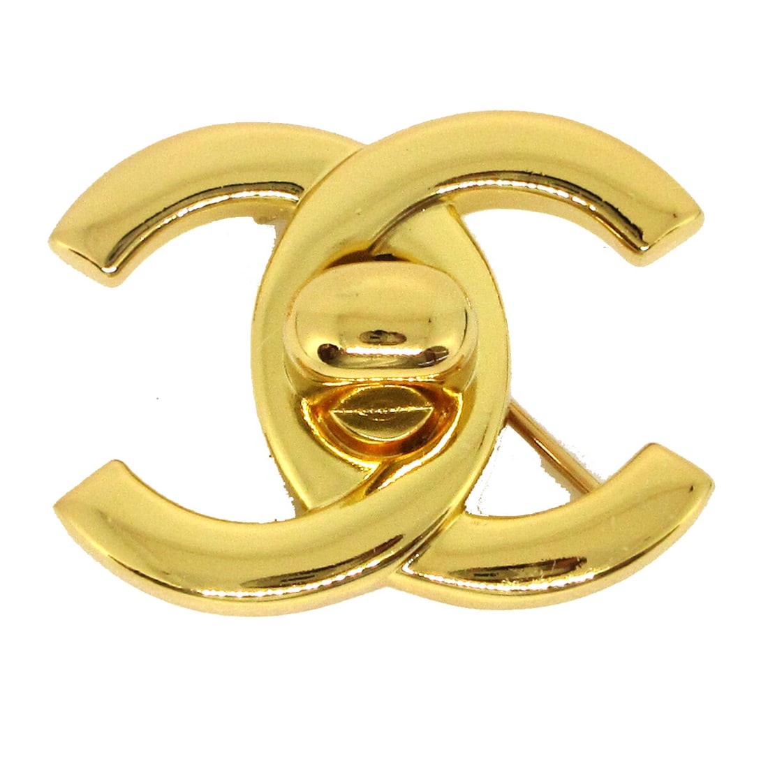 Chanel CC Logo Gold Tone Brooch Pin 96A: Chanel CC Logo Gold Tone Brooch Pin 96A Small Chanel turnlock brooch pin featuring the interlocking CC logo in a gold-tone finish. Marked 96A and made in France. Condition is very good. Specifications