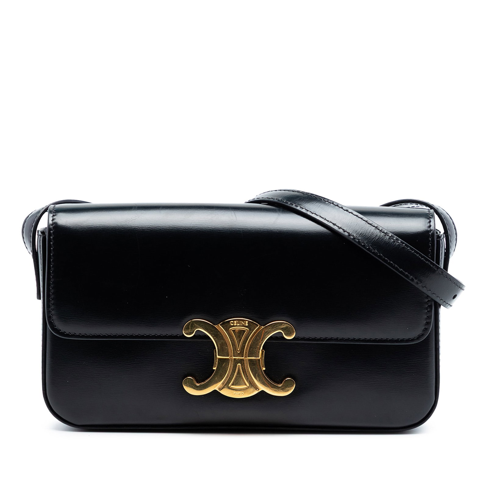 Celine Claude Black Leather Shoulder Bag: Celine Claude Black Leather Shoulder Bag This Celine Shiny Calfskin Claude Shoulder Bag features a sleek black leather body with an adjustable flat leather shoulder strap. The design is complemented b