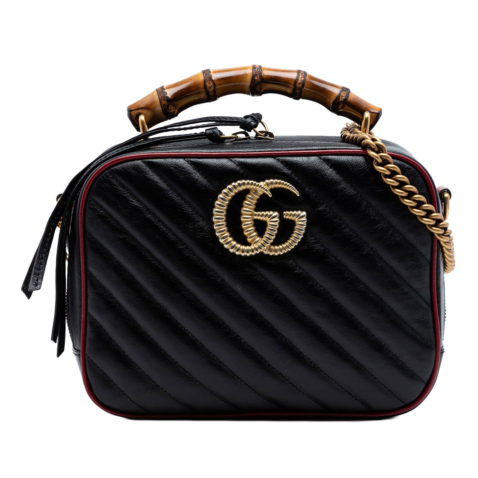 Gucci GG Marmont black leather bamboo handle satchel: Gucci GG Marmont black leather bamboo handle satchel This Gucci Small GG Marmont Matelasse Diagonal Leather Torchon Bamboo Satchel is crafted from quilted black leather and features a distinctive bamb