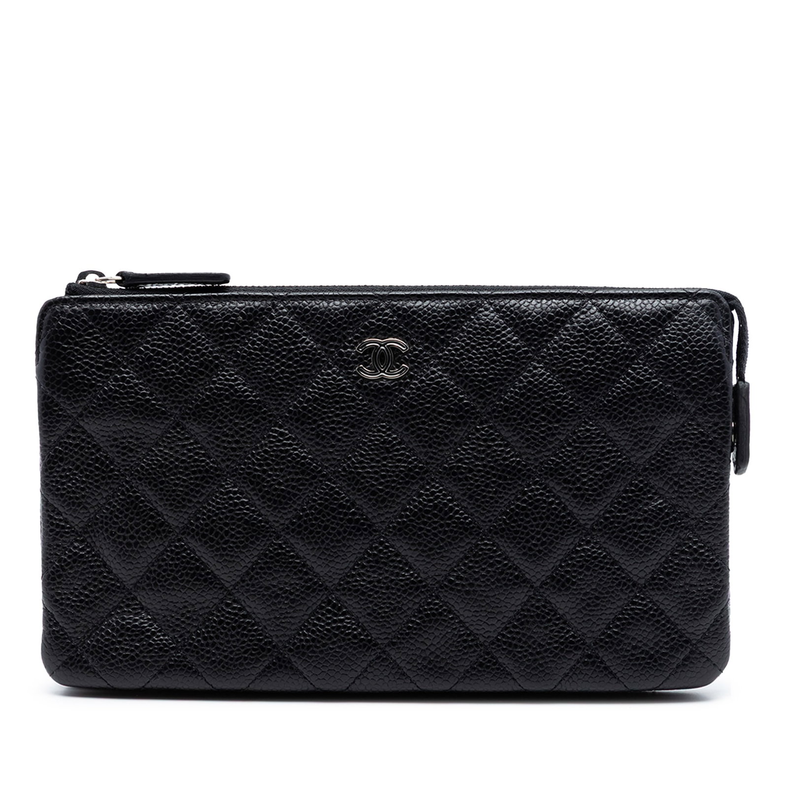 Chanel Small CC Black Quilted Caviar Leather Zip Pouch: Chanel Small CC Black Quilted Caviar Leather Zip Pouch Chanel Small CC Quilted Caviar Zip Pouch in black quilted caviar leather. This zip pouch features a top zip closure and interior slip pockets. Co