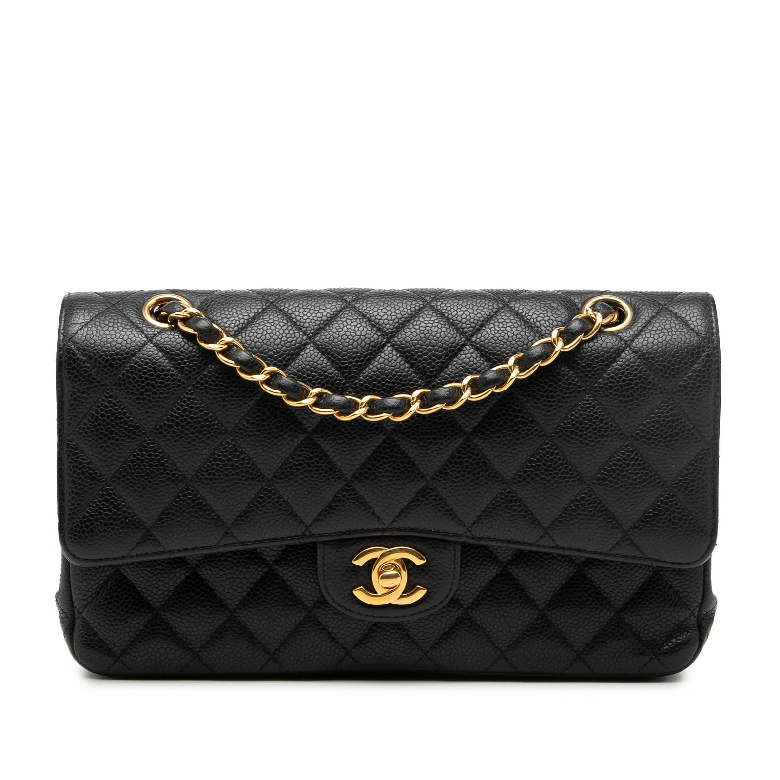 Black Chanel Caviar Leather Quilted Medium Double Flap Shoulder Bag: Black Chanel Caviar Leather Quilted Medium Double Flap Shoulder Bag This Chanel Medium Classic Caviar Double Flap bag features a quilted caviar leather exterior in black with a leather-woven chain str