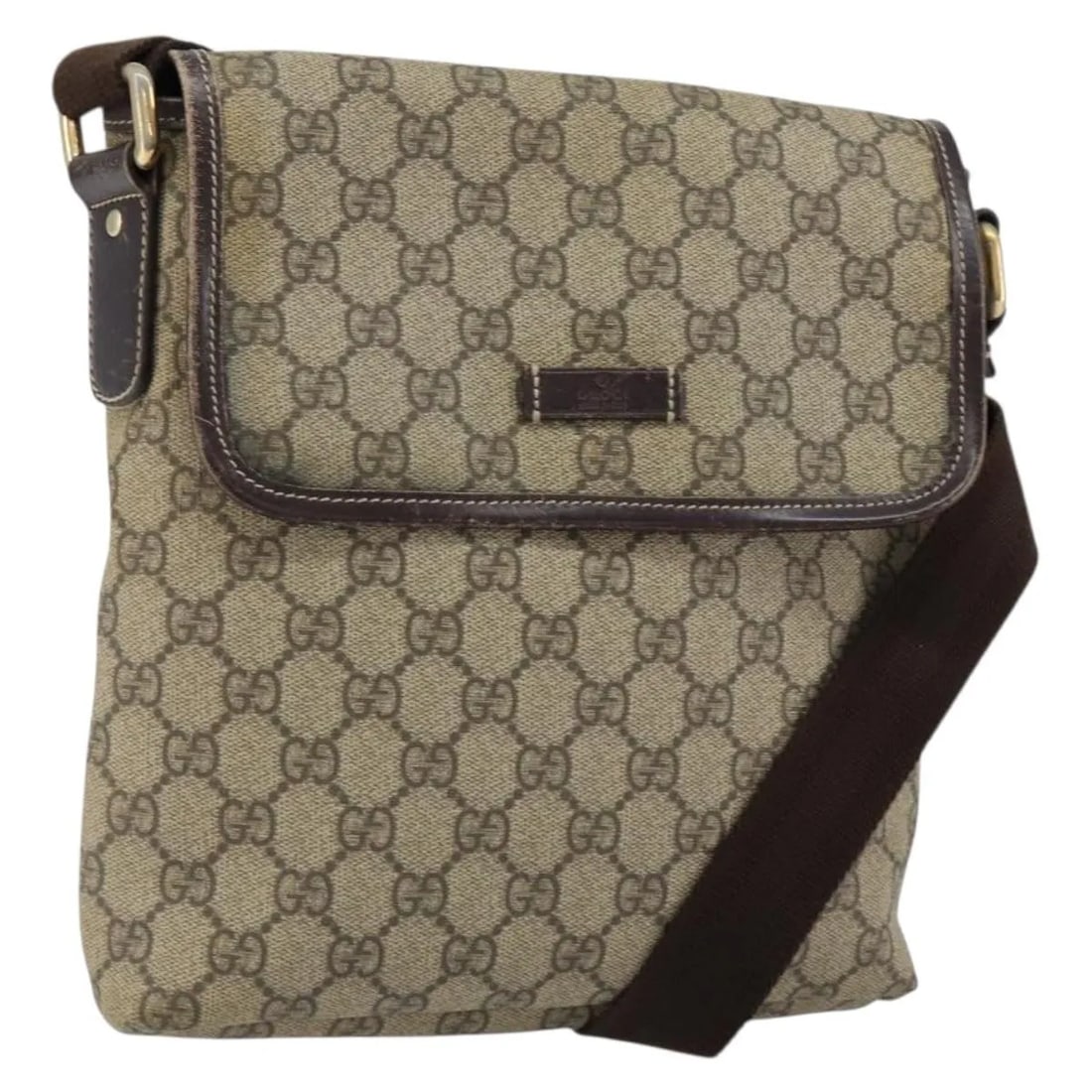 Unisex Beige PVC Gucci Flap Messenger Bag 21cm by 22cm by 3cm: Unisex Beige PVC Gucci Flap Messenger Bag 21cm by 22cm by 3cm This Gucci Flap Messenger bag is crafted from beige GG coated canvas with PVC material, designed for unisex use. It features a compact sil