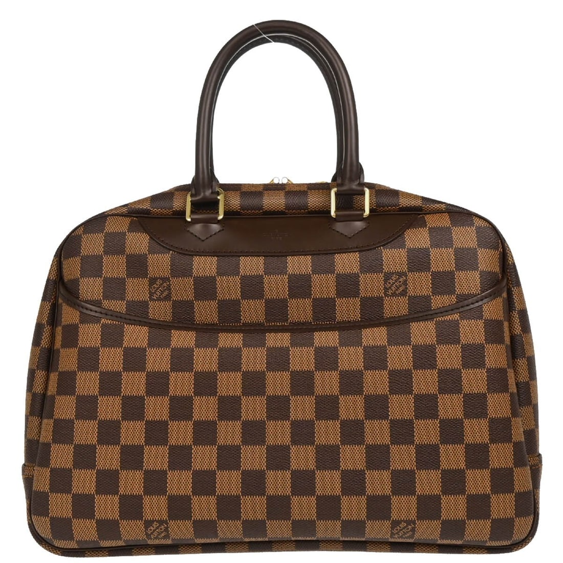 Louis Vuitton Deauville Bowling Vanity Brown Damier Hand Bag N47272: Louis Vuitton Deauville Bowling Vanity Brown Damier Hand Bag N47272 Louis Vuitton Deauville Bowling Vanity handbag in brown Damier canvas with leather trim. This women's medium handbag features double