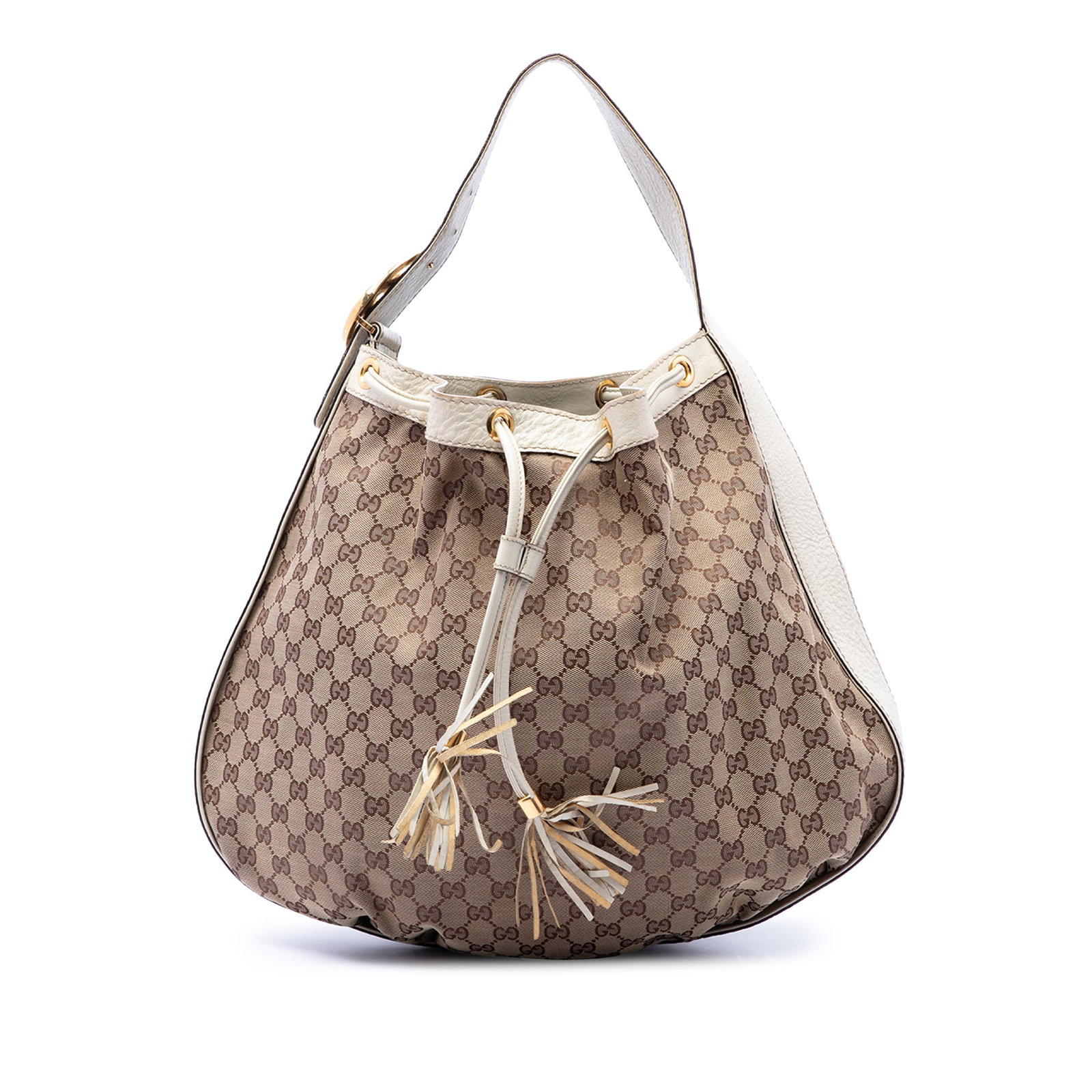 Gucci Icon Drawstring Hobo in GG Canvas with Leather Trim: Gucci Icon Drawstring Hobo in GG Canvas with Leather Trim This Gucci GG Canvas Interlocking Icon Drawstring Hobo is crafted with a canvas body and leather trim. It features a flat leather strap, an op