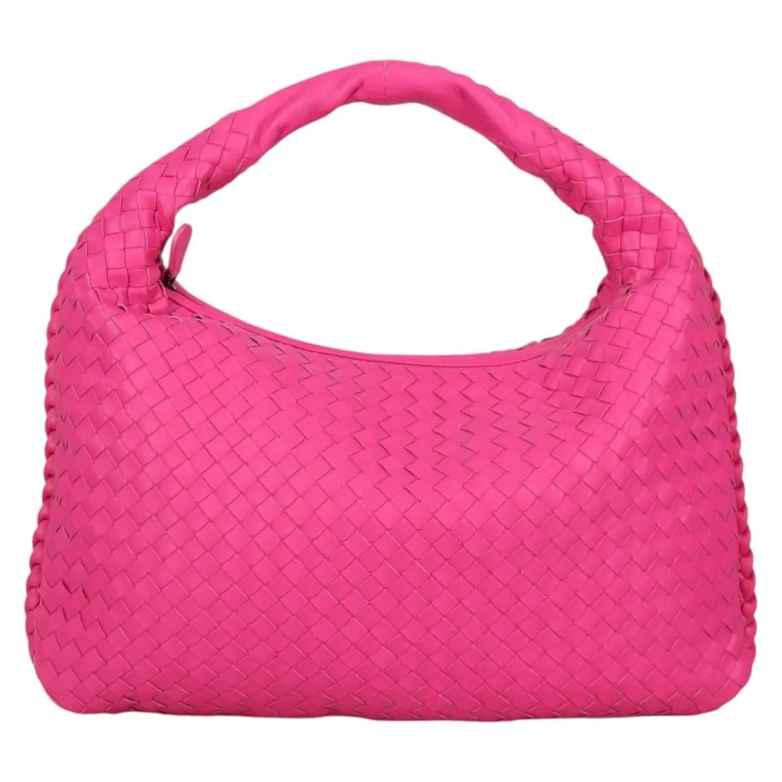 Bottega Veneta Pink Leather Veneta Hobo Bag 40cm by 25cm by 40cm: Bottega Veneta Pink Leather Veneta Hobo Bag 40cm by 25cm by 40cm This women's hobo bag from Bottega Veneta features the signature Intrecciato nappa leather in a pink color. It offers a spacious interi