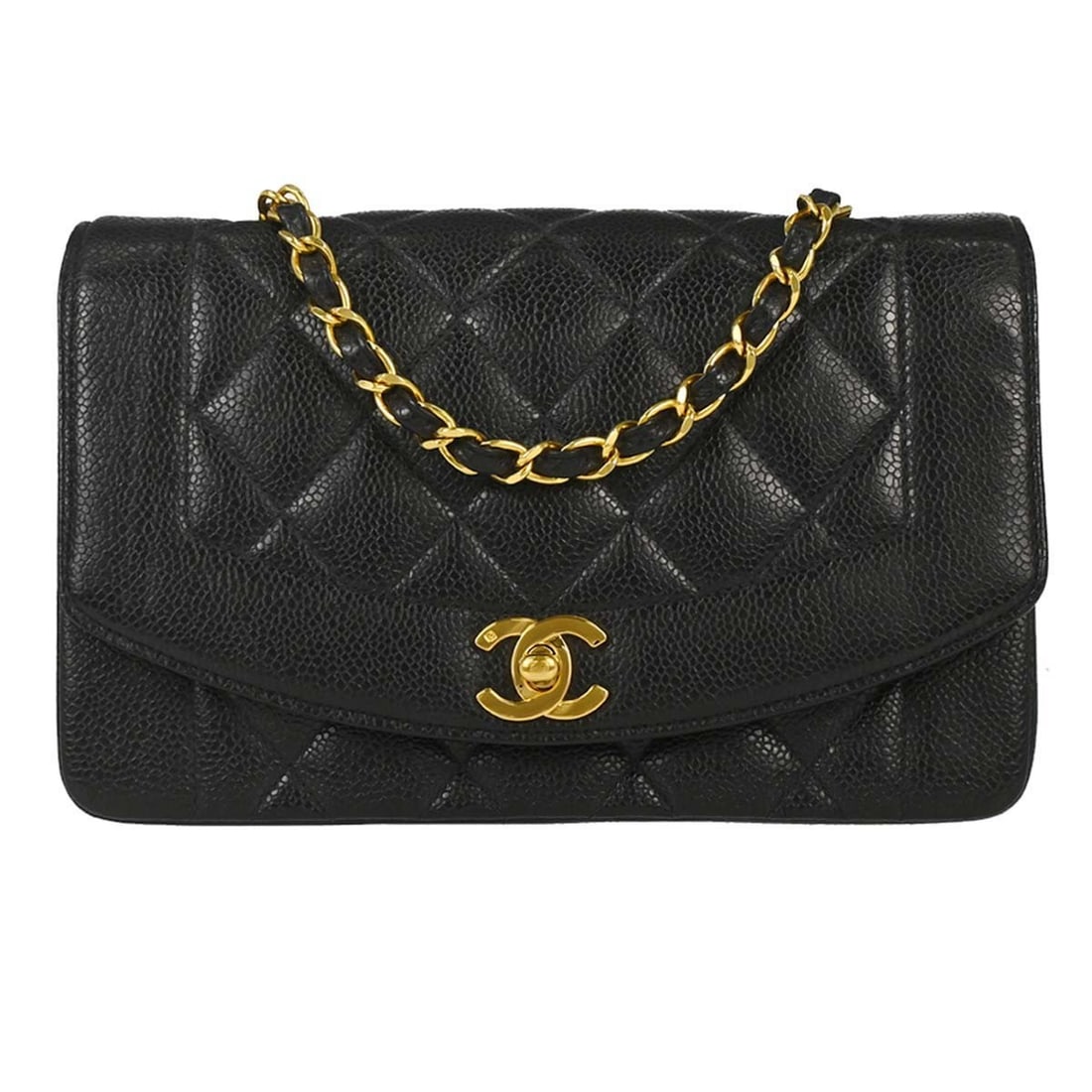 CHANEL Diana Small Shoulder Bag in Black Calfskin: CHANEL Diana Small Shoulder Bag in Black Calfskin Chanel Diana small shoulder bag in black caviar skin leather with a quilted matelasse design, flap turn-lock closure, and single chain shoulder strap.