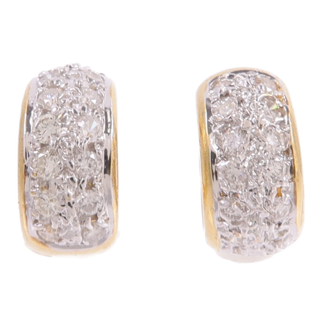 Pierced Diamond Earrings in 18K Yellow and White Gold: Pierced Diamond Earrings in 18K Yellow and White Gold A pair of pierced diamond earrings crafted in 18K yellow gold. These women's earrings feature clear diamonds and show reasonable wear and tear con