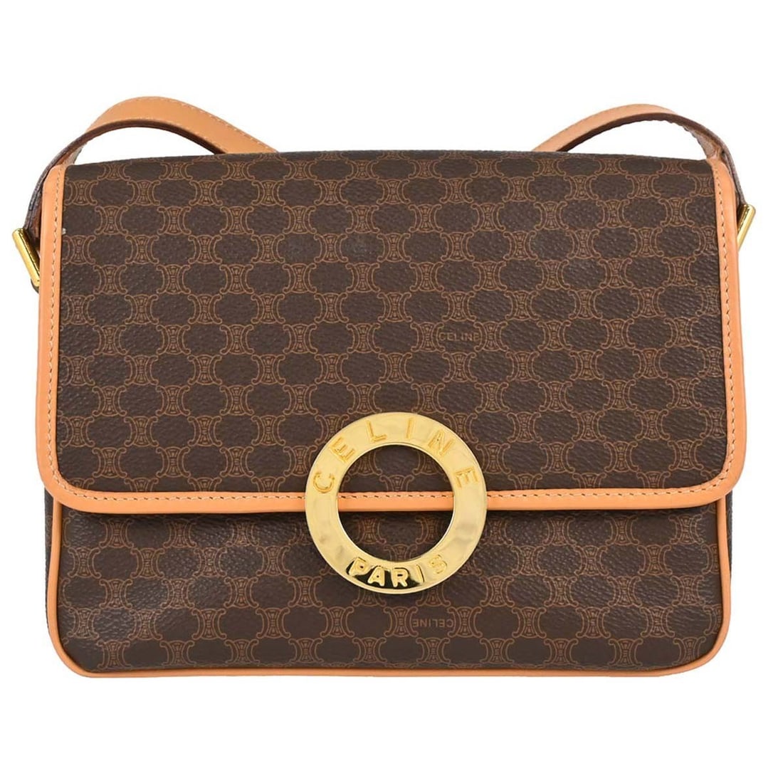 CELINE Macadam Medium Brown PVC Leather Shoulder Bag Italy: CELINE Macadam Medium Brown PVC Leather Shoulder Bag Italy Celine Macadam shoulder bag in brown PVC and leather with logo accents and a shoulder strap. Made in Italy, this medium bag features one exte