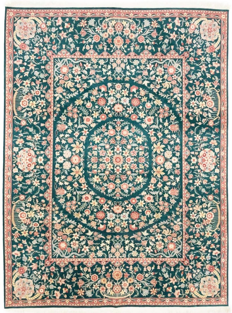 9x12 Hand-Knotted Wool Area Rug Modern Floral Pattern: 9x12 Hand-Knotted Wool Area Rug Modern Floral Pattern This hand-knotted wool floral oriental rug features a blend of green, rusty pink, cream, brown, and pastel yellow tones. Crafted in India during t