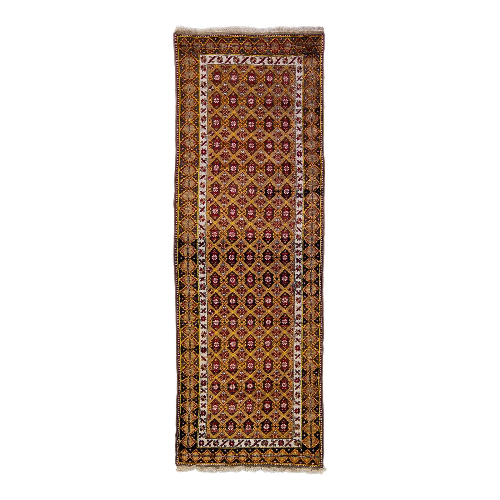 Antique Turkish Handmade Wool Runner Sienna Geometric Design 3' x 10': Antique Turkish Handmade Wool Runner Sienna Geometric Design 3' x 10' Enhance your space with this exquisite Antique Turkish Handmade Wool Runner, featuring a stunning Sienna field adorned with a vibr