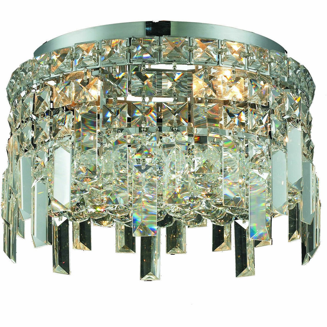 Maxime 4 Light Chrome Crystal Flush Mount 12 Inch: Maxime 4 Light Chrome Crystal Flush Mount 12 Inch This modern flush mount chandelier features a polished chrome finish and is adorned with Royal Cut clear crystals, providing a sophisticated look suit