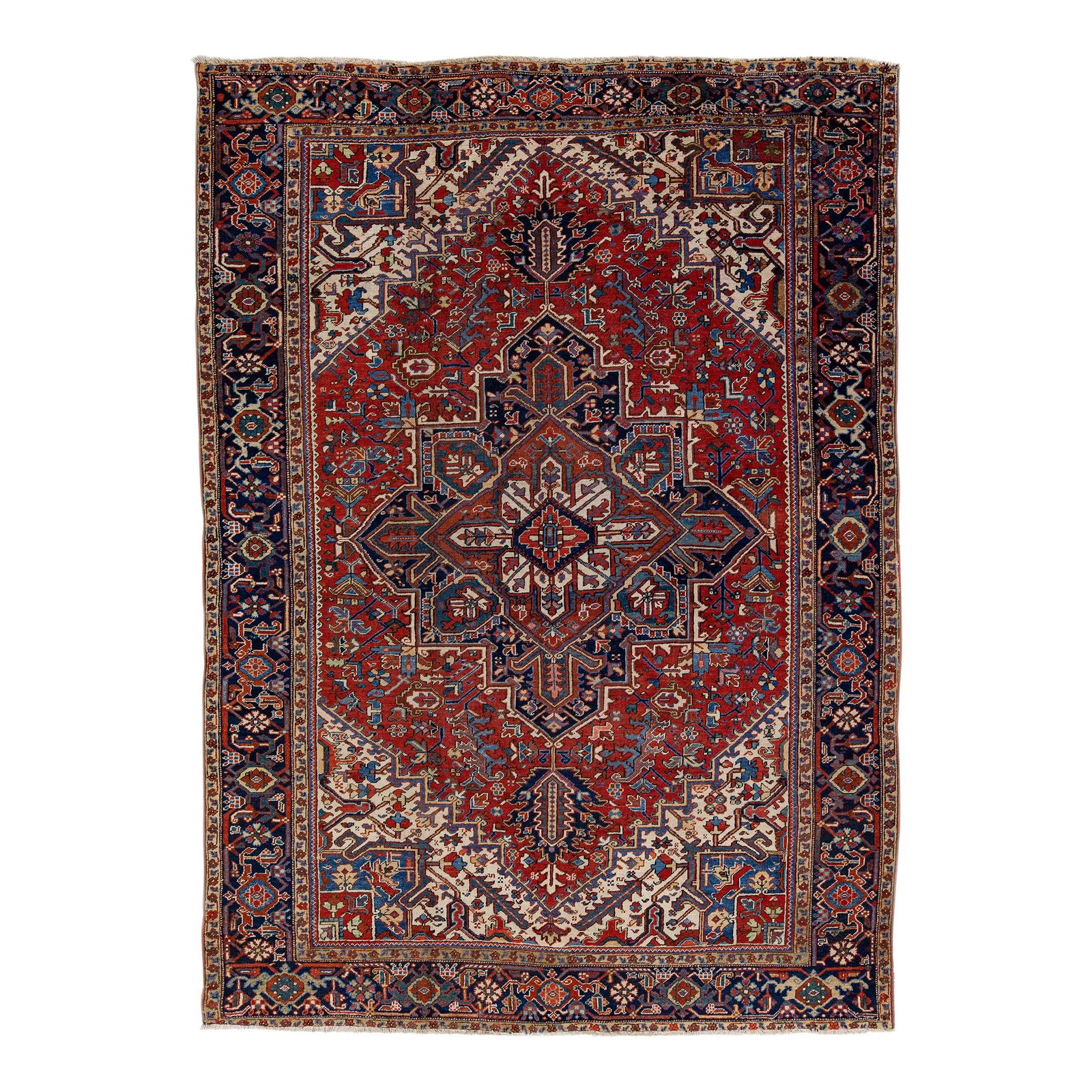 Antique Heriz Persian Wool Rug 8'2 x 11'4 Multicolor Medallion Design: Antique Heriz Persian Wool Rug 8'2 x 11'4 Multicolor Medallion Design Experience the elegance of this beautiful antique Heriz hand-knotted wool rug, showcasing a rich red color field adorned with a st