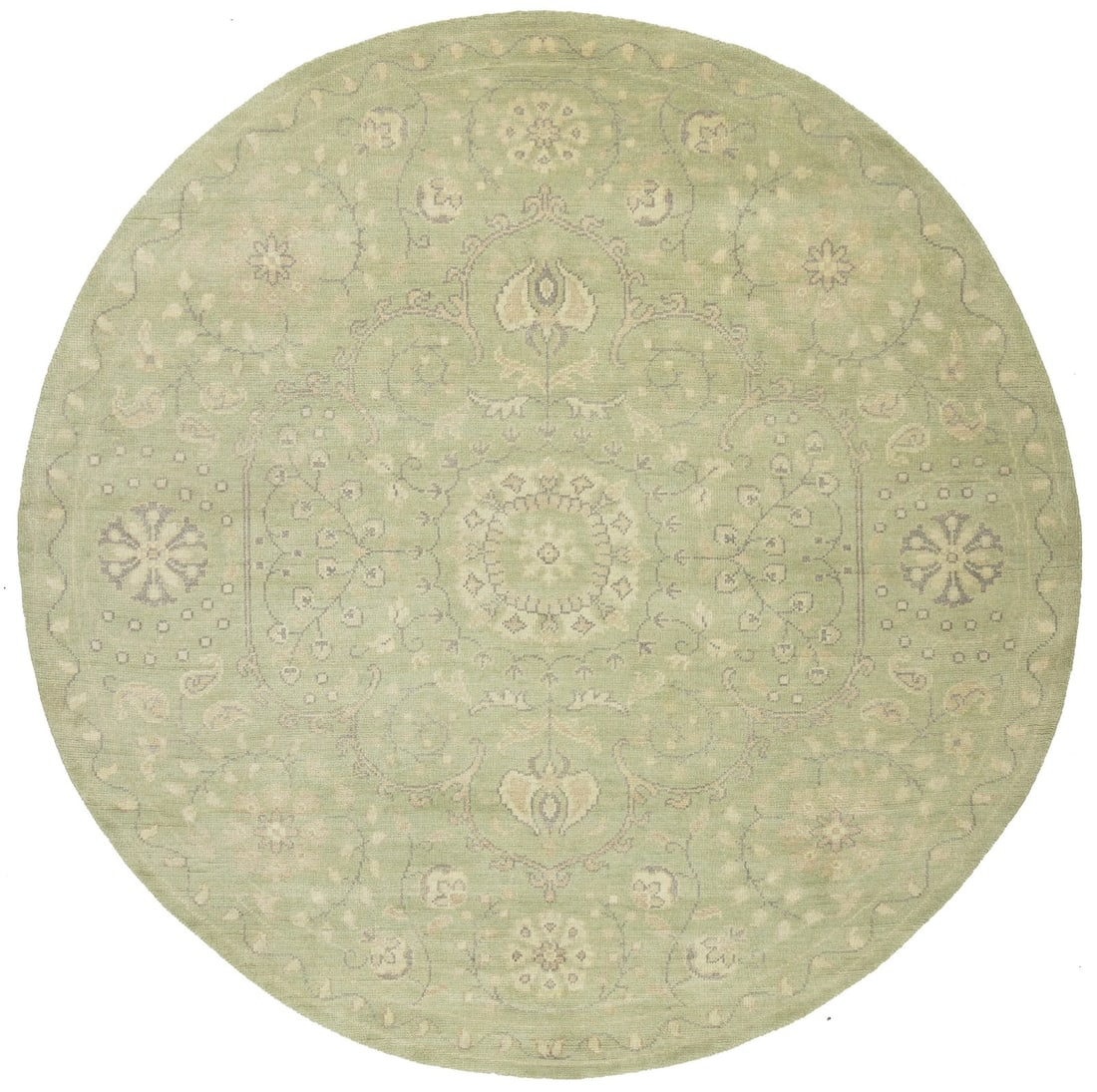 Handmade Floral Round Rug Light Green Wool 8ft Modern Decor: Handmade Floral Round Rug Light Green Wool 8ft Modern Decor Enhance your space with this stunning Handmade Muted Light Green Floral Oriental Round Rug. Measuring 7'11" in diameter, this rug showcases 
