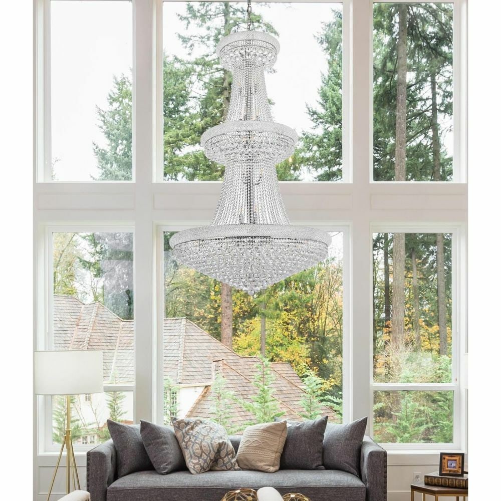 Chrome Crystal Foyer Chandelier 32 Light 66 Inch Primo: Chrome Crystal Foyer Chandelier 32 Light 66 Inch Primo This large Empire-style chandelier features a polished chrome finish and is adorned with Royal Cut clear crystal accents. Designed for modern int
