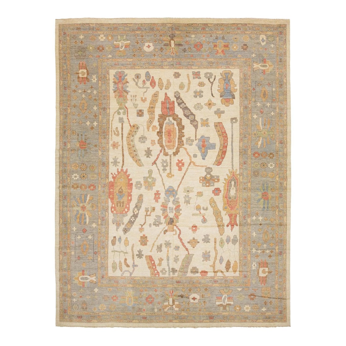13'5 x 17'5 Hand-Knotted Wool Oushak Style Rug: 13'5 x 17'5 Hand-Knotted Wool Oushak Style Rug This Modern Oushak style rug combines traditional Turkish influences with a contemporary design. Hand-knotted from premium wool, it features an ivory fie