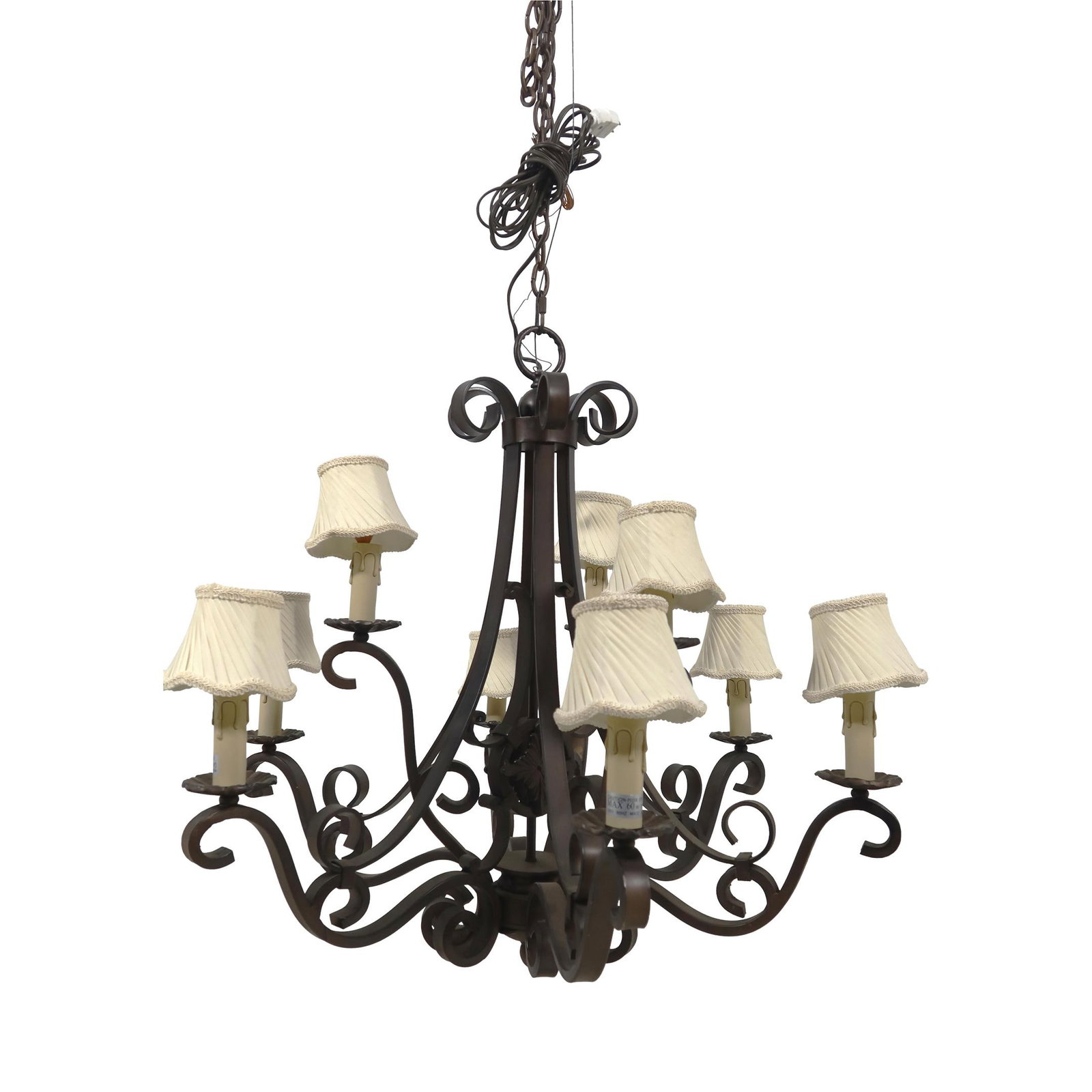 Impressive 9 Arm Bronze Finish Wrought Iron Chandelier: Impressive 9 Arm Bronze Finish Wrought Iron Chandelier Elevate your space with this impressive 9-arm chandelier made of heavy wrought iron featuring a rich bronze finish. With excellent quality constr