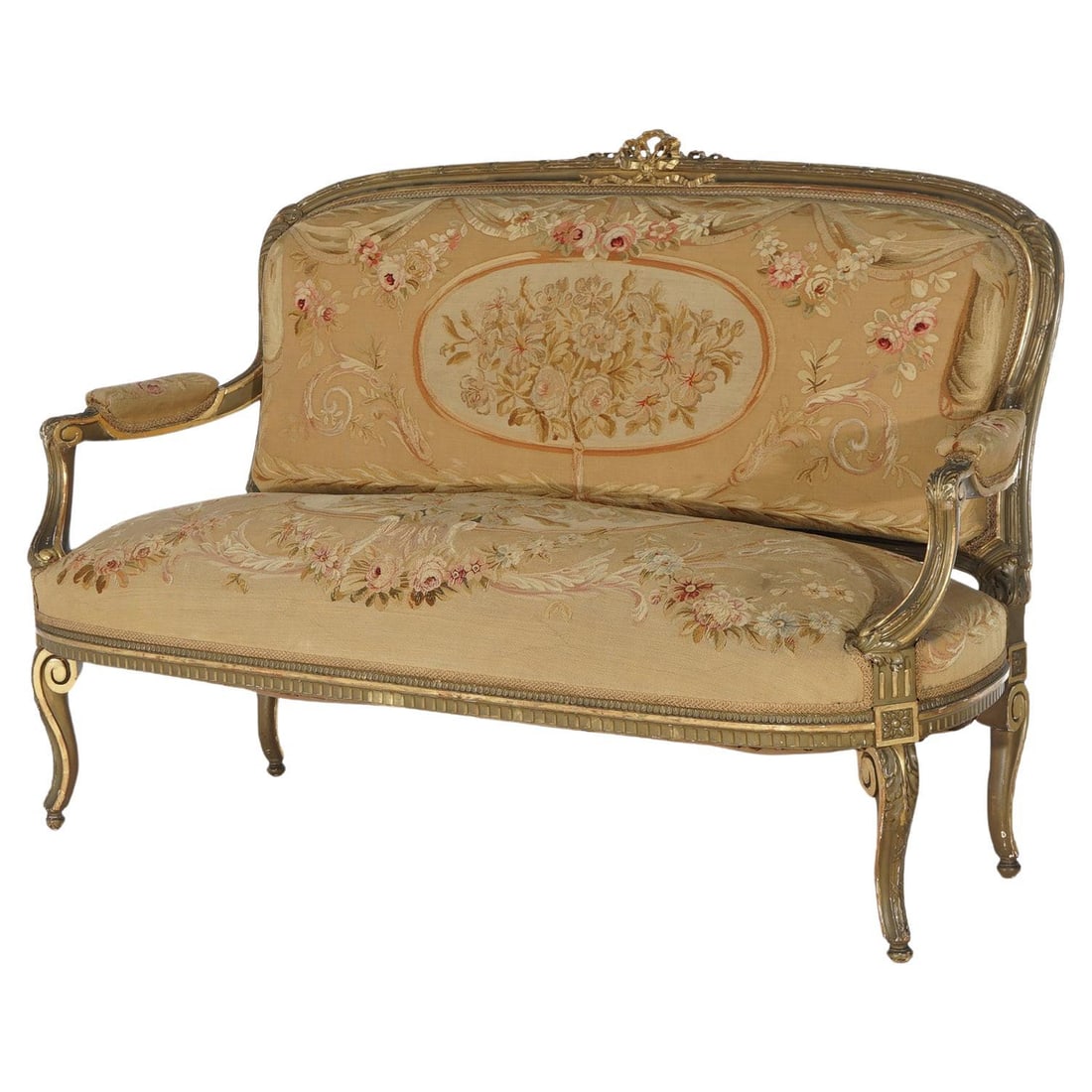 Antique Louis XV Giltwood Sofa with Aubusson Tapestry C1860: Antique Louis XV Giltwood Sofa with Aubusson Tapestry C1860 This exquisite antique French Louis XV sofa, crafted around 1860, showcases a stunning giltwood frame adorned with intricate carvings. The b
