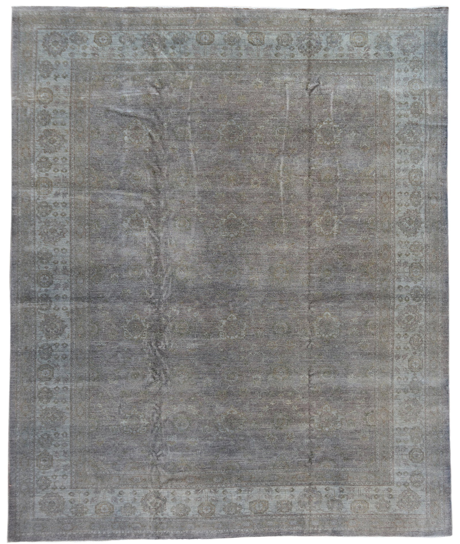Modern Gray Overdyed Wool Hand-Knotted Rug 12'0 x 14'6: Modern Gray Overdyed Wool Hand-Knotted Rug 12'0 x 14'6 Transform your living space with this stunning contemporary gray overdyed wool rug, expertly hand-knotted in Pakistan. Featuring a subtle all-ove