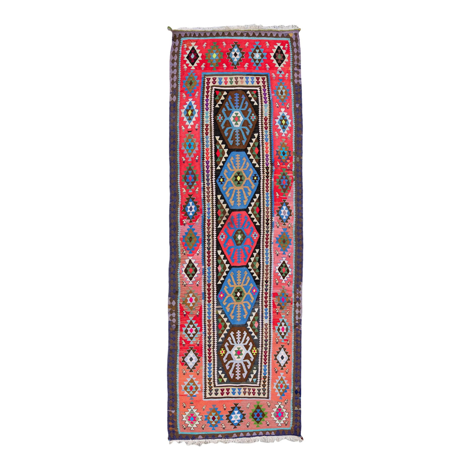 Vintage Kilim Wool Runner Multicolor Tribal Design 3'2 x 9'10: Vintage Kilim Wool Runner Multicolor Tribal Design 3'2 x 9'10 Enhance your space with this stunning Vintage Kilim Handmade Flatweave Wool Runner. Showcasing a rich brown field adorned with vibrant mul