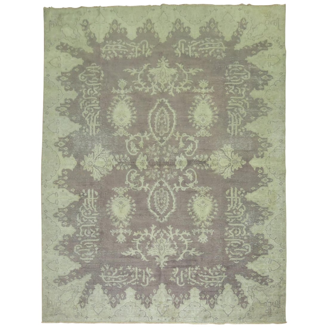 1920s Turkish Wool Hand Woven Oushak Rug Gray 97 x 134 in: 1920s Turkish Wool Hand Woven Oushak Rug Gray 97 x 134 in This early 20th-century Oushak rug from Turkey features a gray field and a Shabby Chic aesthetic, highlighting natural wear that reflects its 