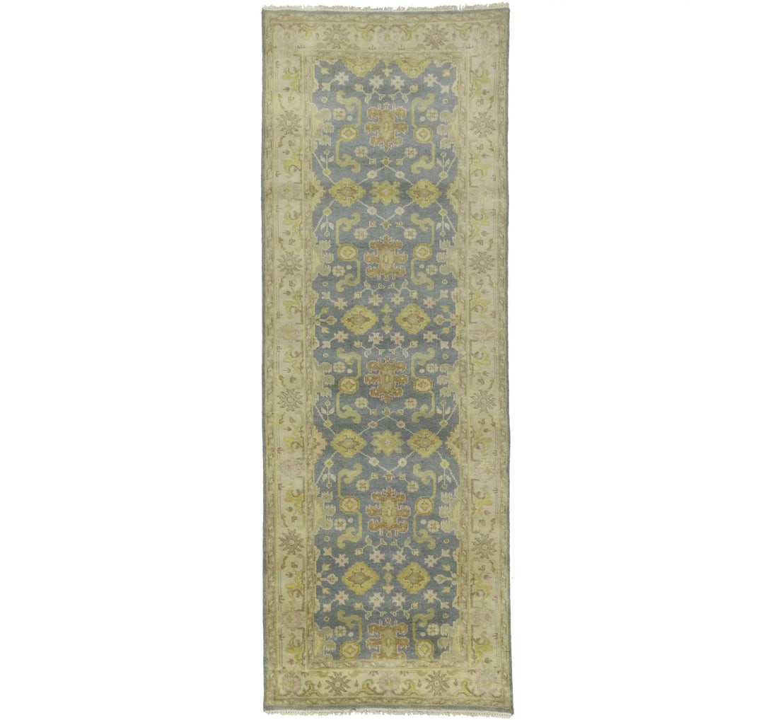 Hand-Knotted Wool Oushak Chobi Floral Runner 4'1 x 11'6: Hand-Knotted Wool Oushak Chobi Floral Runner 4'1 x 11'6 This hand-knotted Oushak Chobi runner rug features a muted gray floral pattern with accents of beige, brown, and pastel yellow. Crafted from woo