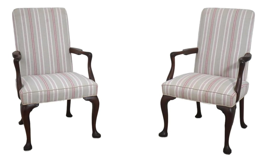 Pair of Mahogany Armchairs in Queen Anne Style: Pair of Mahogany Armchairs in Queen Anne Style Pair of Queen Anne style arm chairs in mahogany, described as high quality construction with Queen Anne legs and pad feet. The chairs are approximately 4