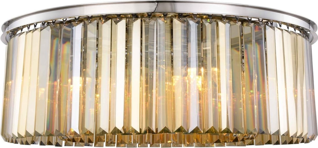 Elegant Sydney Flush-Mount Light with Gold Teak and Crystal Prisms: Elegant Sydney Flush-Mount Light with Gold Teak and Crystal Prisms Illuminate your space with the sophisticated elegance of the Sydney Light, featuring stunning clear and golden prisms. This flush-mou