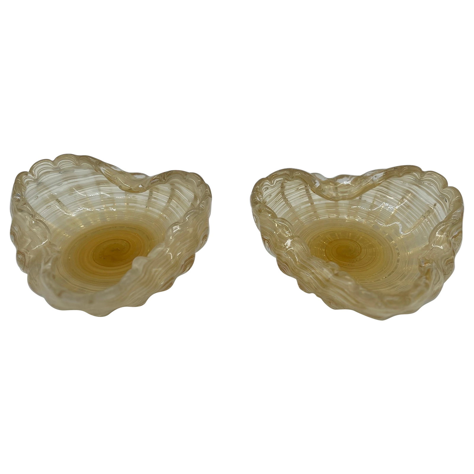 Set of 2 Gold Speckled Murano Art Glass Catch-All Dishes: Set of 2 Gold Speckled Murano Art Glass Catch-All Dishes This pair of mid-century Murano hand-blown art glass bowls features a striking gold speckled design. Each bowl is crafted with three flattened 