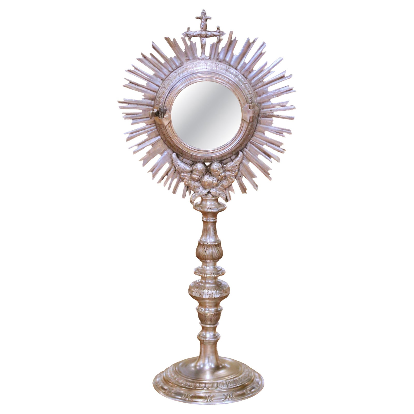 French Louis XIV Style Silvered Bronze Monstrance with Sunburst Design Circa 1850: French Louis XIV Style Silvered Bronze Monstrance with Sunburst Design Circa 1850 This mid-19th century French Catholic monstrance, or ostensoir, is finely crafted in bronze with a silvered finish. Re