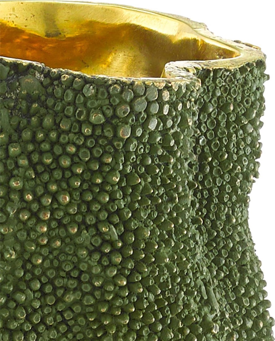 Currey Art Nouveau Bronze Vase Jackfruit Collection Green Finish 7H: Currey Art Nouveau Bronze Vase Jackfruit Collection Green Finish 7H This stunning Opulent Bronze Vase draws inspiration from the unique texture of jackfruit, showcasing a captivating design that embod