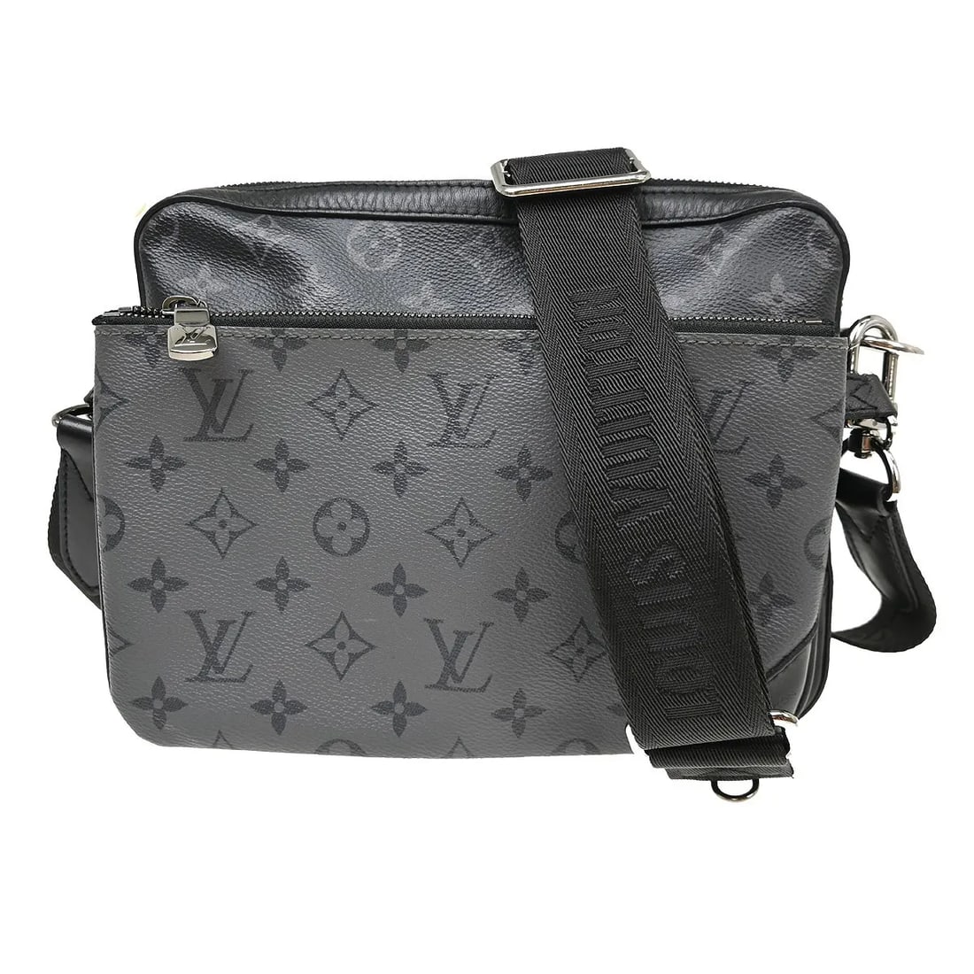 Louis Vuitton Reverse Monogram Eclipse Trio Messenger Canvas Bag: Louis Vuitton Reverse Monogram Eclipse Trio Messenger Canvas Bag This Louis Vuitton Trio Messenger Bag features the signature Reverse Monogram Eclipse canvas in black. Designed for unisex use, it offe