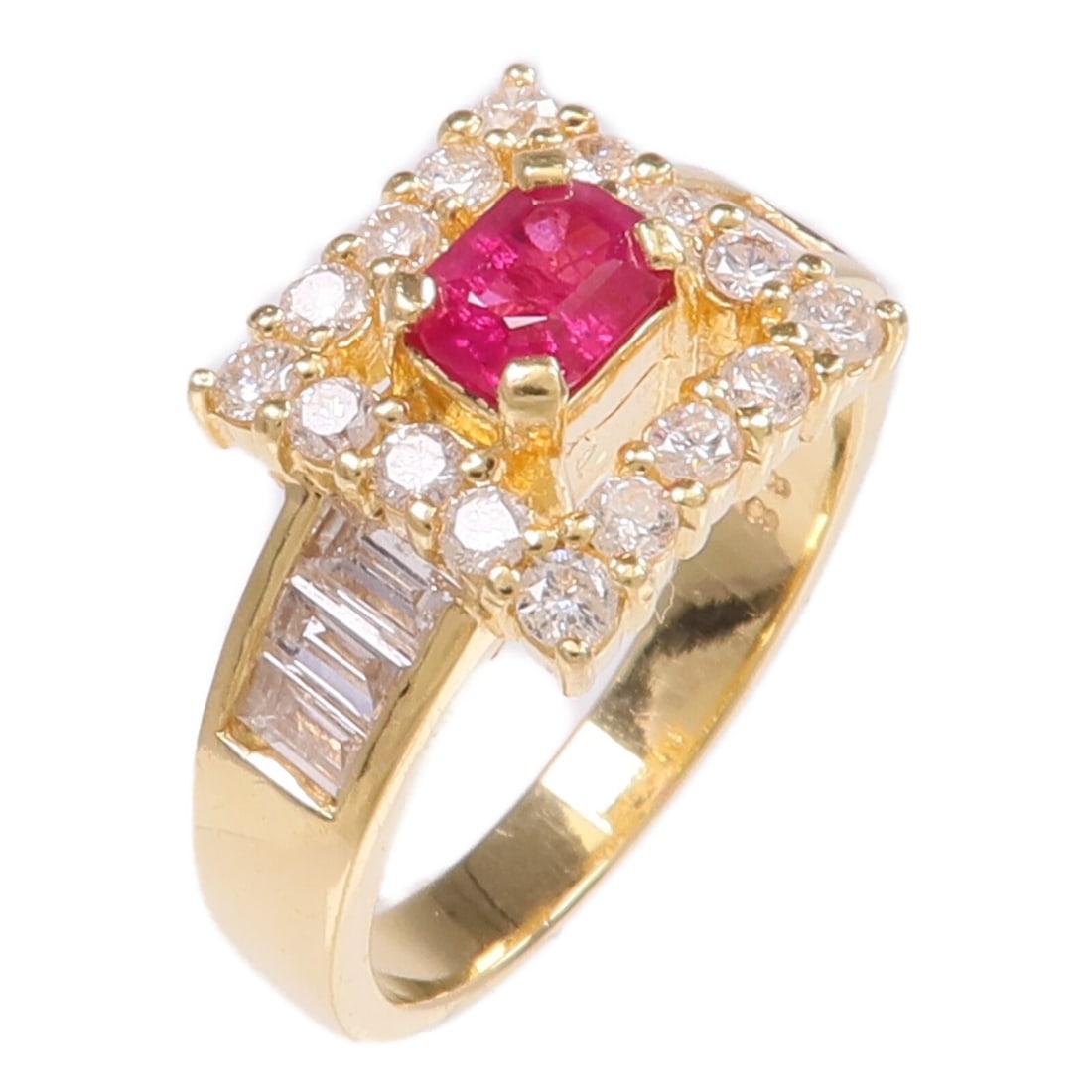 18K Yellow Gold Ruby and Diamond Ring Size 6: 18K Yellow Gold Ruby and Diamond Ring Size 6 This elegant ring features a vibrant ruby as the main stone, set in 18K yellow gold. Designed in a classic style, the ring showcases a striking red hue com