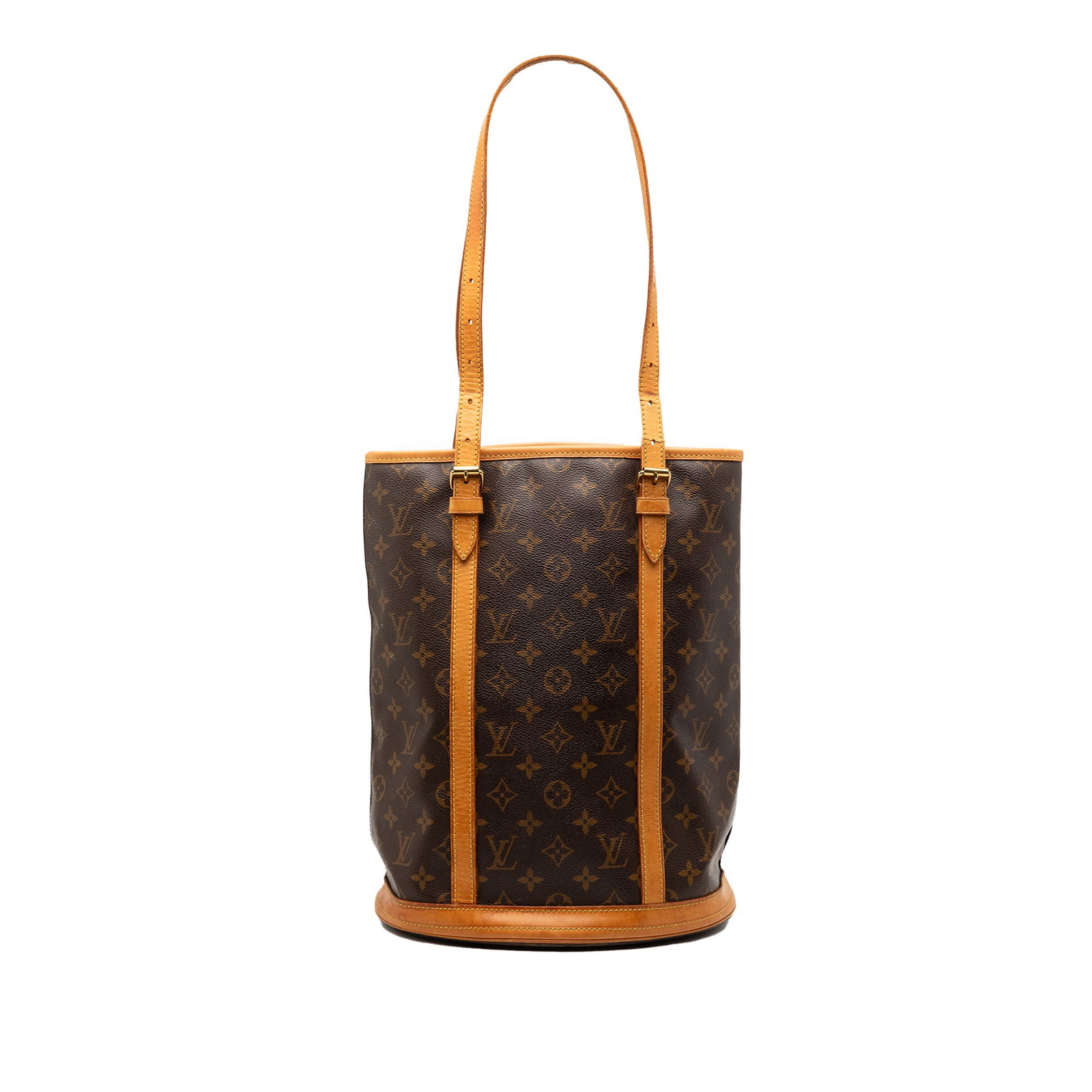 Louis Vuitton Monogram Canvas Bucket GM Shoulder Bag with Leather Trim: Louis Vuitton Monogram Canvas Bucket GM Shoulder Bag with Leather Trim This Louis Vuitton Monogram Bucket GM features a signature monogram canvas body with vachetta leather trim and adjustable flat va