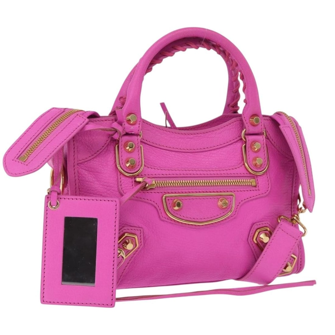 Balenciaga 390160 Mini City 2way Leather Handbag Pink Gold: Balenciaga 390160 Mini City 2way Leather Handbag Pink Gold Balenciaga Classic Metallic Edge Mini City 2way handbag in pink leather with gold-tone accents. Made in Italy, this women's handbag includes 